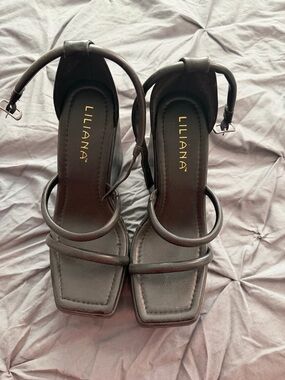 Liliana Black Double-Strap Square-Toe Heels